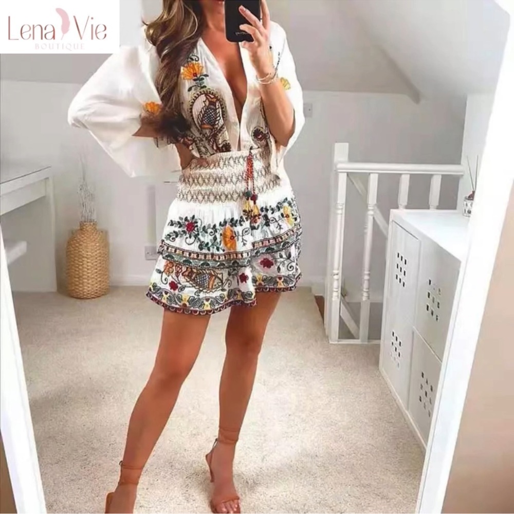 Boho Summer Embroidered Flared Kimono 2 Piece Skirt Set, Cotton Floral Koi Print - Picture 4 of 11